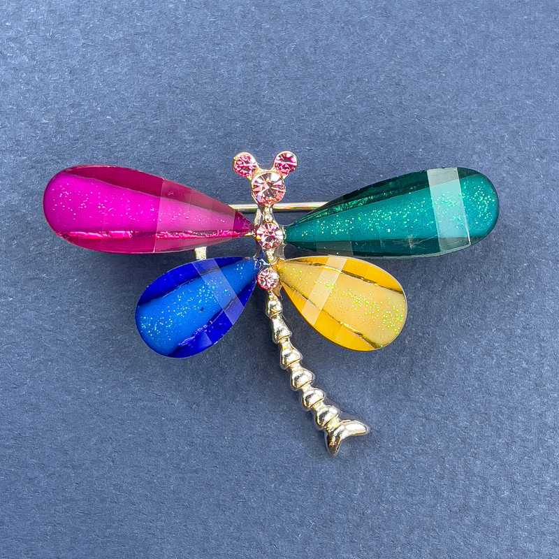 Brooch Butterfly with white and pink rhinestones, multicolor gold-tone metal, diameter 40mm±, length 30mm±