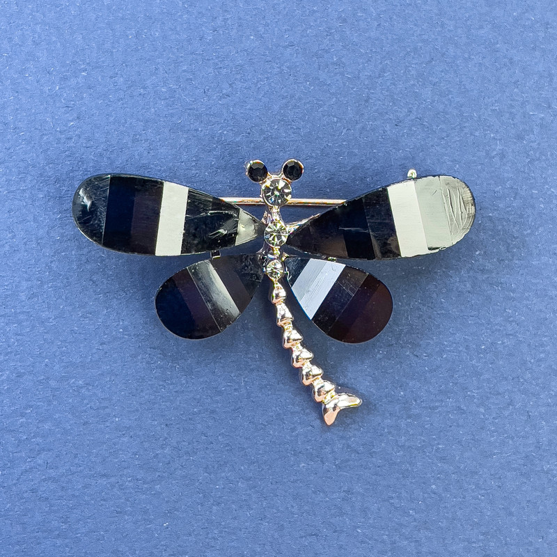 Brooch Butterfly with White and Gray Rhinestones, Black Gold-Tone Metal, 40mm Diameter ±, 30mm Length ±