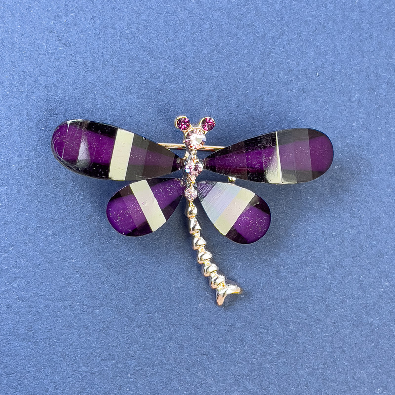 Brooch Butterfly with white and pink rhinestones, purple color, golden metal, diameter 40mm+-, length 30mm+-