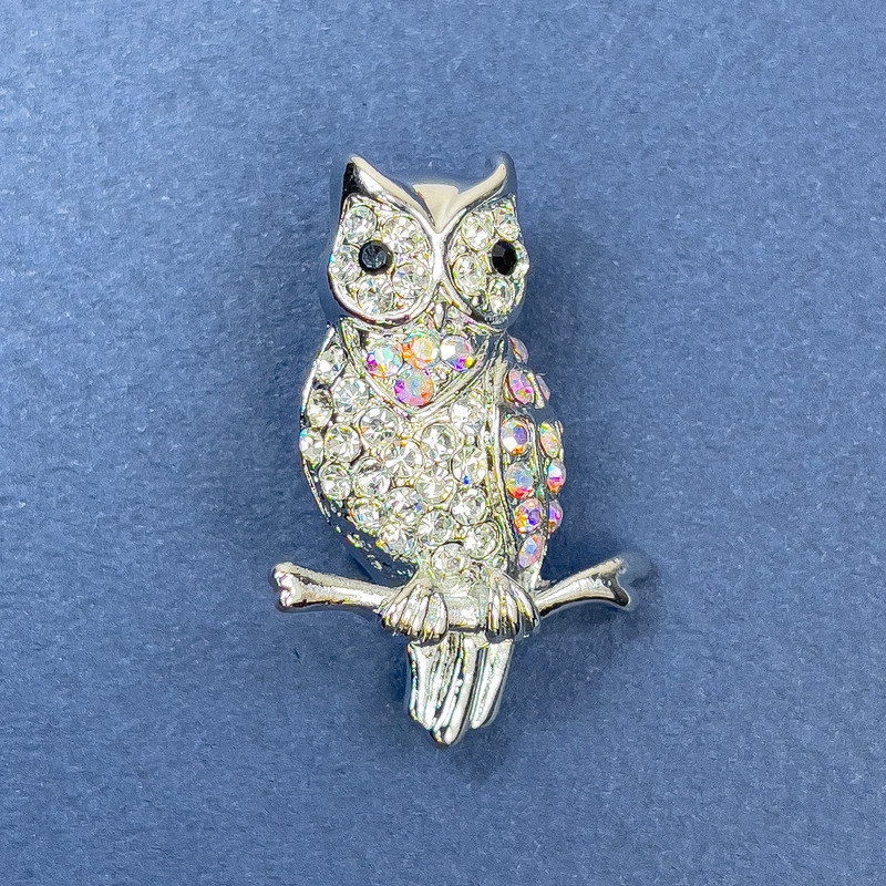 Owl Brooch with Black, White, and Rainbow Rhinestones on Silver Metal, 22mm Diameter +-, 32mm Length+-