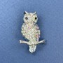 Owl Brooch with Black, White, and Rainbow Rhinestones on Silver Metal, 22mm Diameter +-, 32mm Length+-