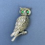 Brooch Owl with green rhinestones, silver metal, diameter 27mm+-, length 52mm+-