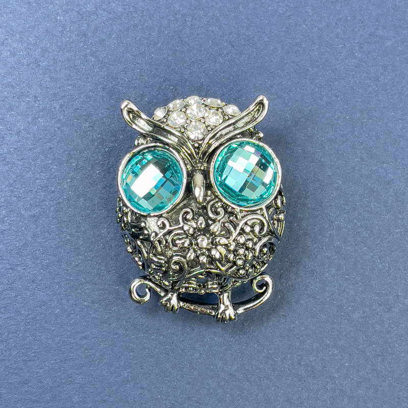 Owl Brooch with Blue and White Crystals, Silver Metal, 27mm diameter +-, 38mm length+-