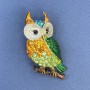 Brooch-Pendant Owl with Rhinestones in Yellow, Blue, and Green on Golden Metal, Ø 23mm ±, length 50mm ±