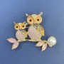 Brooch Owl with Pearl and Pink Crystals, Enamel on Gold-Tone Metal, 55mm Ø ±, length 45mm ±