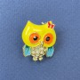 Brooch Pendant Owl with enamel and white crystals yellow and blue enamel on golden metal, diameter 20mm±, length 25mm±