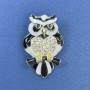 Brooch Pendant Owl with White Rhinestones, White and Black Enamel on Golden Metal, Diameter 26mm±, Length 41mm±