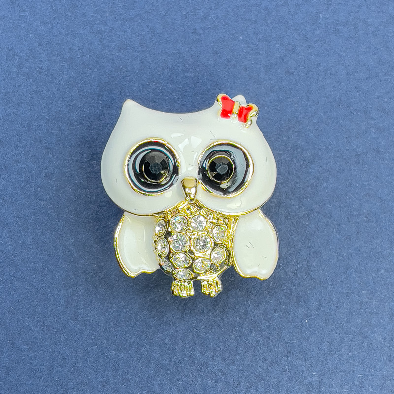Brooch Pendant Owl with White Crystals, white and black enamel on gold-toned metal, diameter 22mm±, length 26mm±