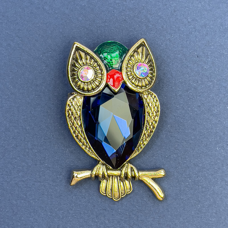 Brooch Owl with Rainbow Rhinestones, Blue Crystal, Green and Red Enamel, Gold-Tone Metal, diameter 32mm ±, length 55mm ±