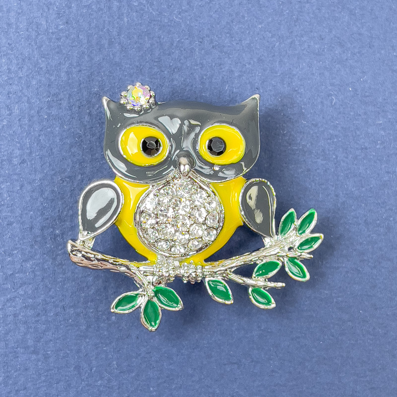 Brooch Pendant Owl with white rhinestones, yellow and gray enamel, silver-toned metal, diameter 33mm ±, length 32mm ±