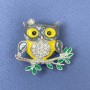 Brooch Pendant Owl with white rhinestones, yellow and gray enamel, silver-toned metal, diameter 33mm ±, length 32mm ±