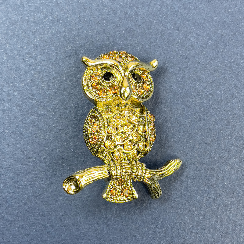 Brooch Owl with Yellow and Black Rhinestones on Golden Metal, diameter 27mm+-, length 34mm+-