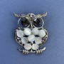 Brooch-Pendant Owl with Gray Cat's Eye and Gray Crystals, Silver Metal, diameter 36mm±, length 45mm±