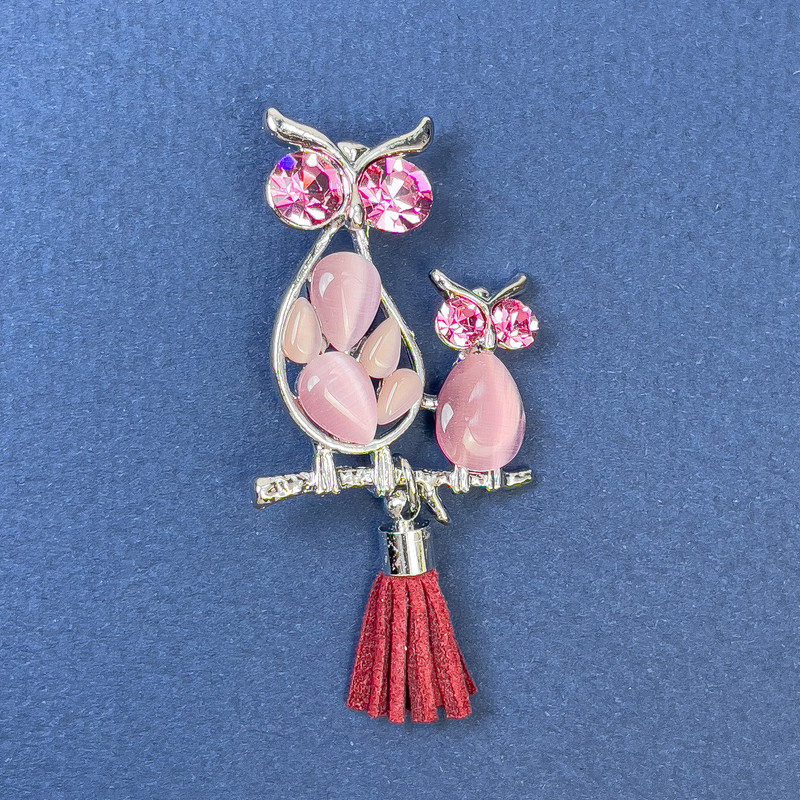 Brooch-Pendant Owl with Pink Cat's Eye and Pink Stones, Silver Metal, diameter 24mm±, length 50mm±