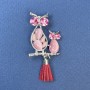 Brooch-Pendant Owl with Pink Cat's Eye and Pink Stones, Silver Metal, diameter 24mm±, length 50mm±