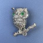 Brooch Owl with green rhinestones, silver metal, diameter 28mm±, length 45mm±