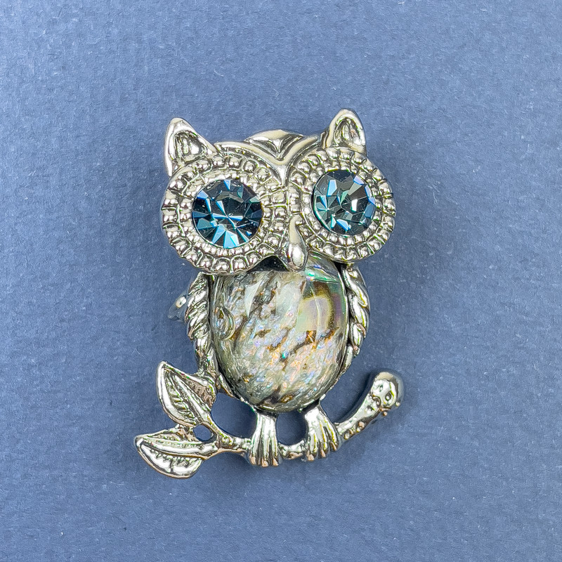 Brooch Pendant Owl Chalcedony Blue Pearls Silver Metal, diameter 25mm±, length 34mm±