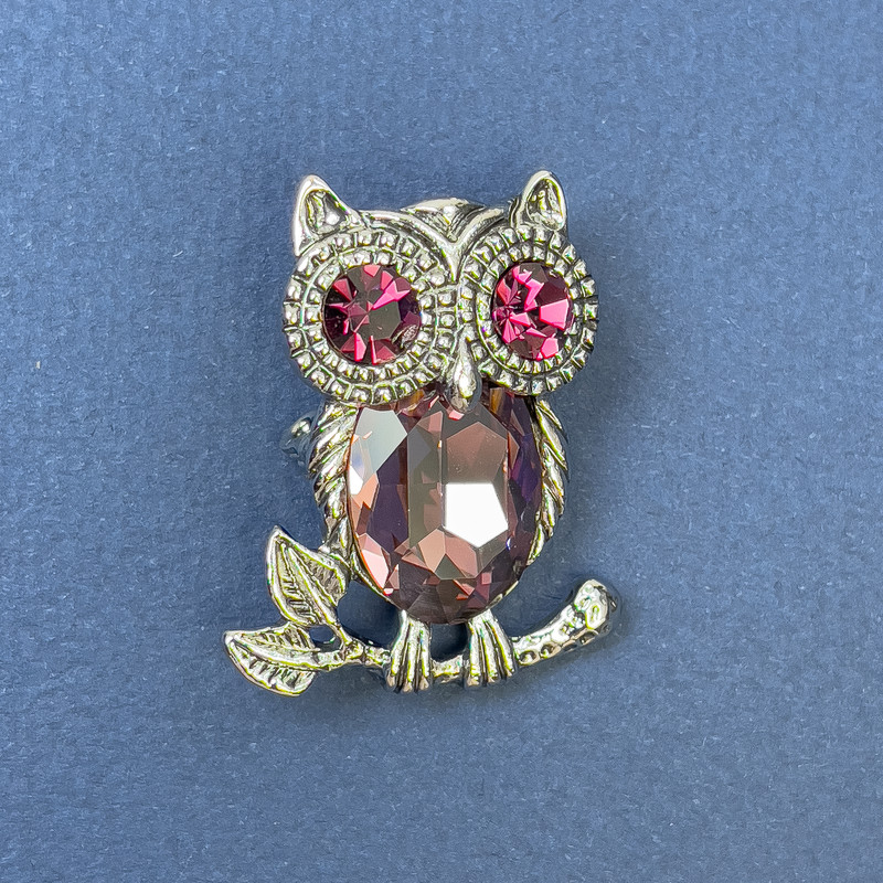 Brooch Pendant Owl with pink rhinestones, silver metal, diameter 25mm±, length 34mm±