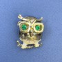 Brooch Pendant Owl with green rhinestones bronze enamel gold-tone metal, diameter 23mm+-, length 32mm+-