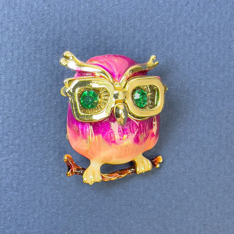 Brooch Pendant Owl with green rhinestones pink enamel golden metal, diameter 23mm+, length 32mm+