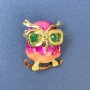 Brooch Pendant Owl with green rhinestones pink enamel golden metal, diameter 23mm+, length 32mm+