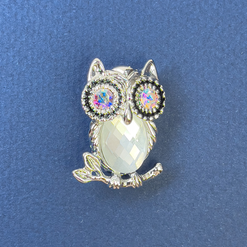 Brooch Pendant Owl with white and rainbow crystals, silver metal, diameter 18mm ±, length 27mm ±