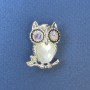 Brooch Pendant Owl with white and rainbow crystals, silver metal, diameter 18mm ±, length 27mm ±