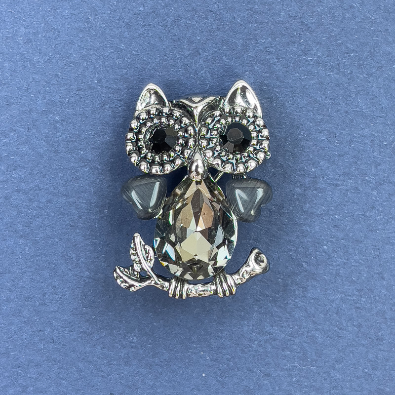Brooch Pendant Owl with Gray and Black Crystals Silver Metal, diameter 18mm+-, length 27mm+-