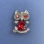 Brooch Pendant Owl with Red and Gray Crystals, Silver Metal, 18mm diameter ±, length 27mm ±