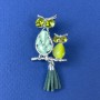 Brooch Pendant Owl with Green Cat’s Eye and Green Crystals, Silver Metal, diameter 24mm±, length 50mm±