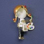 Brooch: Girl with an Easel, Cat's Eye White Opal Enamel, Gold Metal 28x41mm+