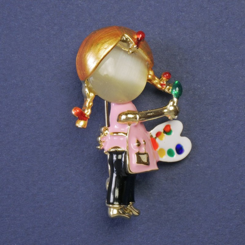 Brooch - Girl with a Easel, White Cat's Eye, Enamel, Gold-Toned Metal, 28x41mm