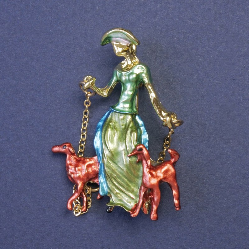 Brooch Pendant Lady with Dogs on Chains Enamel Gold-Toned Metal 32x45mm +
