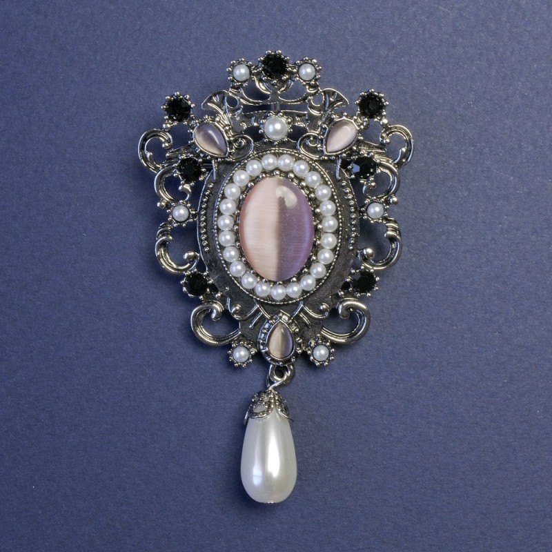 Brooch Pendant Accent with Pink Cat's Eye (Catz Eye) and Pearls, Silver Tone 47x80mm+