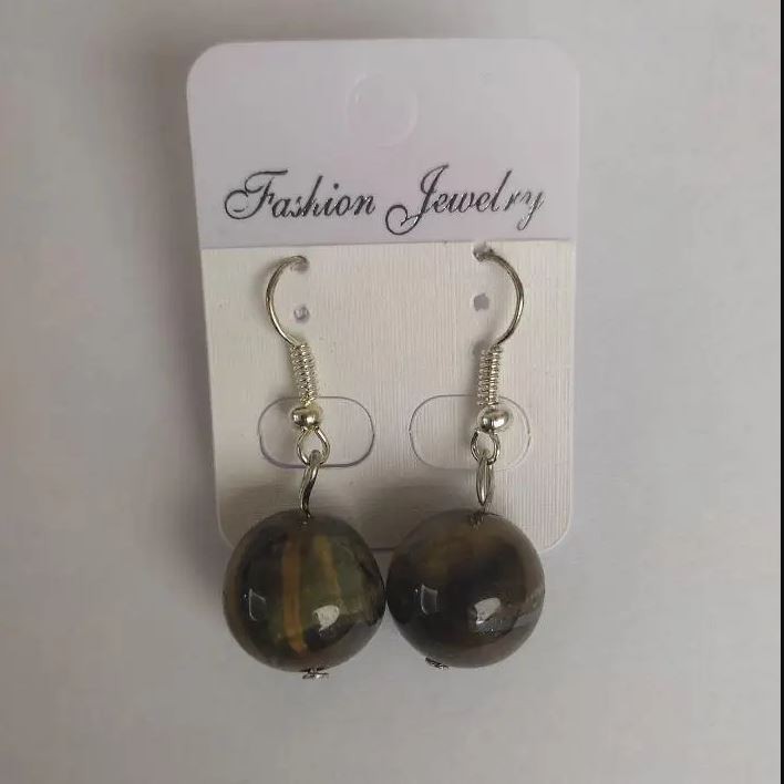 Earrings Natural Hawk's Eye Smooth Bead, diameter 14mm, length 3.5cm