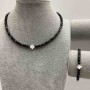 Choker and Bracelet Set with Garnet-Turmaline Beads, Cut Cube 4x4mm±, Pearl Inlay, Length 35-40cm± with Clasp