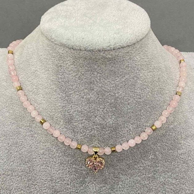 Choker Pink Quartz Smooth Beads 4mm+- Hematite Cube 3mm+- with Heart Pendant 12mm+-, length 36cm + extension chain