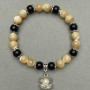 Bracelet Mother of Pearl Beige Natural Smooth Bead, diameter 8.5 mm and Agate, length 18 cm± stretch