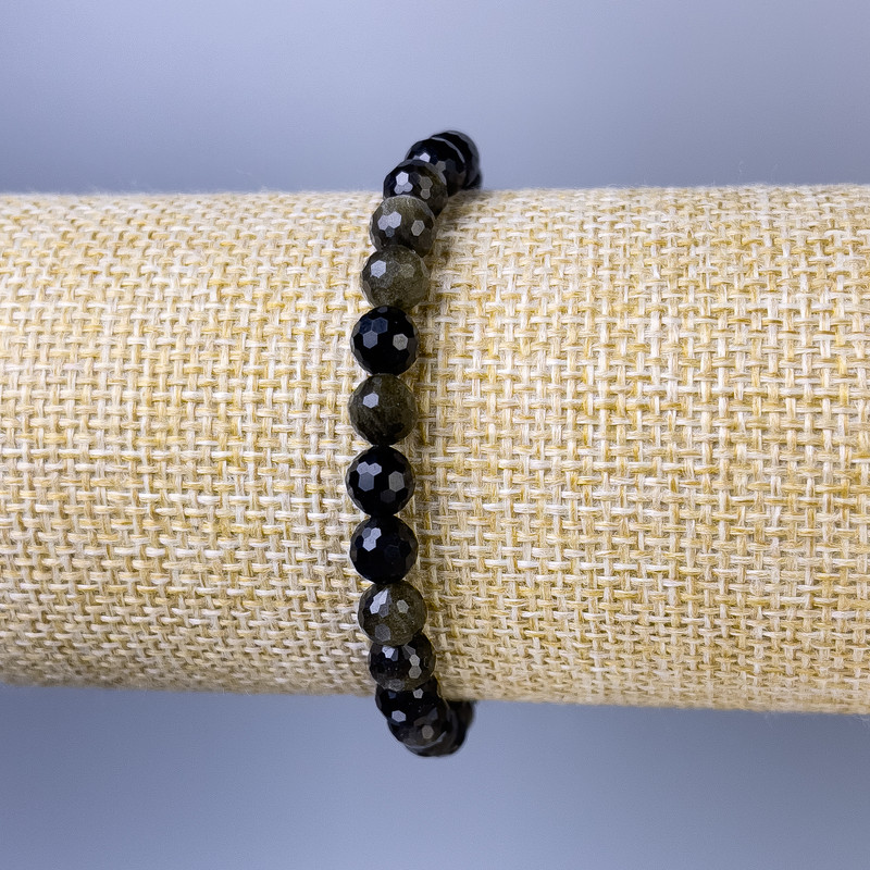 Bracelet Sunstone Obsidian Faceted Bead, diameter 6mm±, length 18cm± stretch