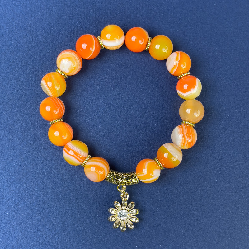 Agate Bead Bracelet, smooth round beads 10mm± with metal insets, length 18cm± stretch