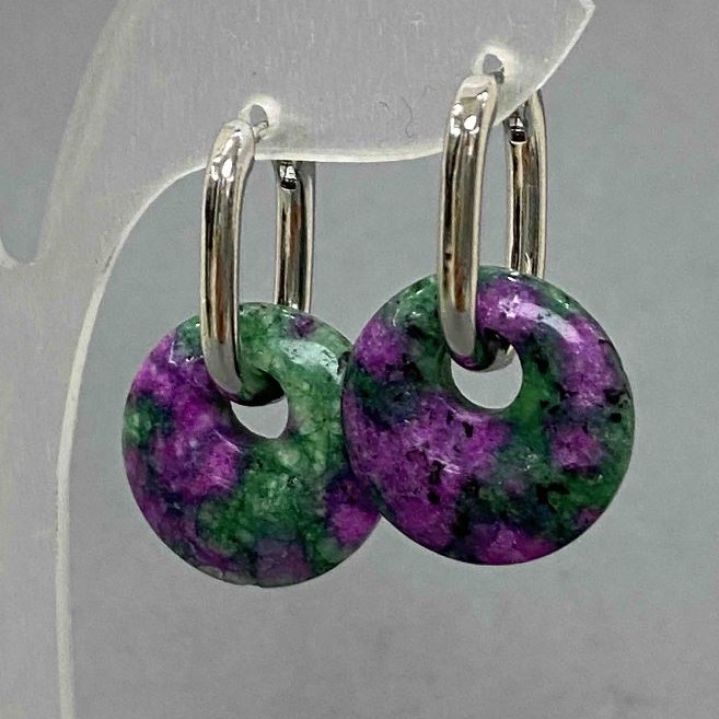 Earrings Zoisite, 18mm± diameter, 31mm± length, silver metal