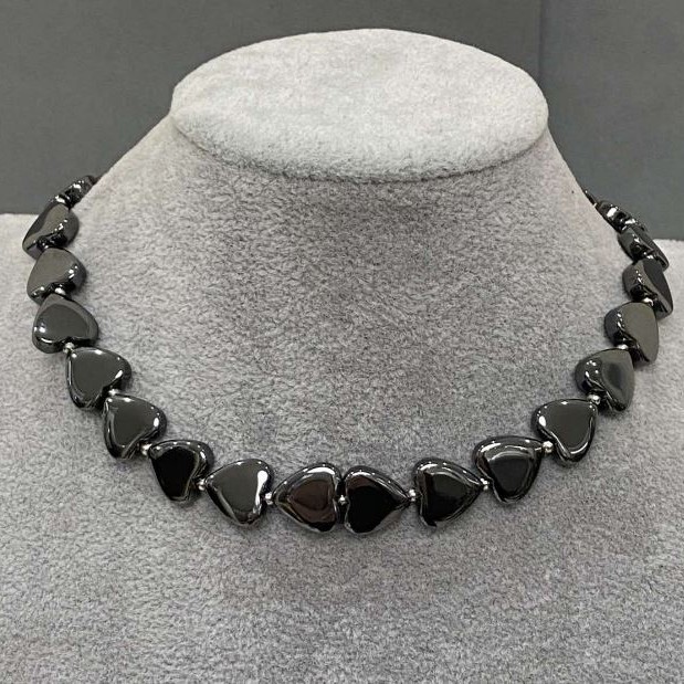 Choker Hematite Heart, 12mm± diameter with 3mm± metal inserts and Tolg clasp, 38cm± length with extender chain