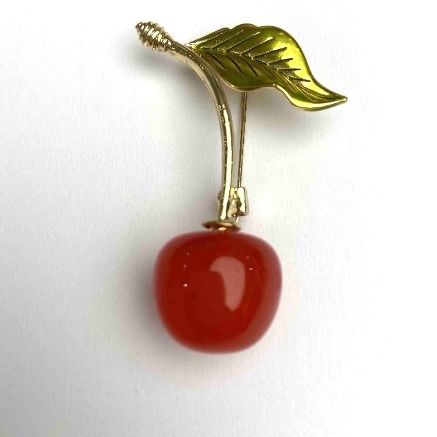 Brooch Cherry, diameter 18mm± enamel, metal color: golden 48mm+