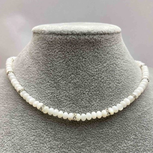 Choker Natural Mother-of-Ppearl Rondelle 5x3mm± with metal inlays and white crystals, length 35-43cm+