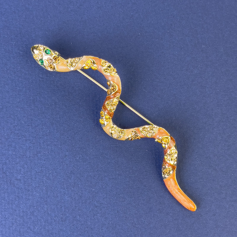 Brooch Snake Brown Enamel with Rhinestones Gold-Tone Metal 82x23mm+