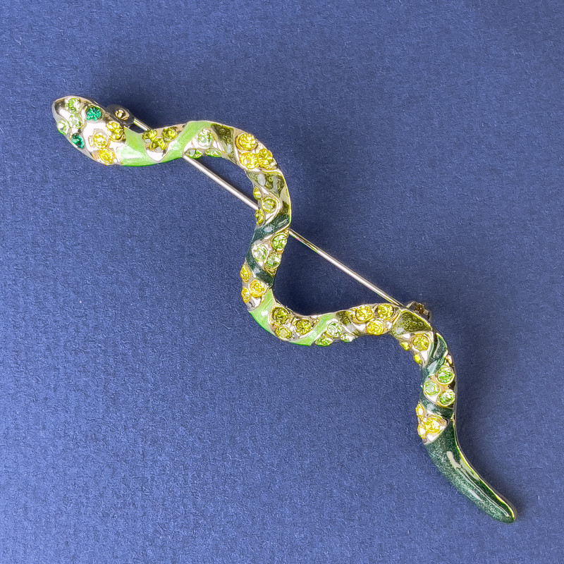Brooch Snake Green Enamel with Crystals Gold-tone Metal 82x23mm+