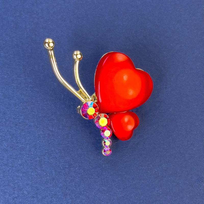 Brooch Butterfly, diameter 34x21mm± red Cat's Eye with crystals, gold-tone metal