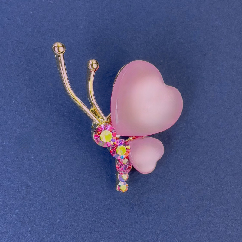 Brooch Butterfly, diameter 34×21mm± pink Cat's Eye crystal stones, gold-tone metal