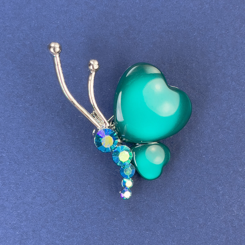Brooch Butterfly, diameter 34×21mm±, saturated green Cat's Eye with crystals, silver metal