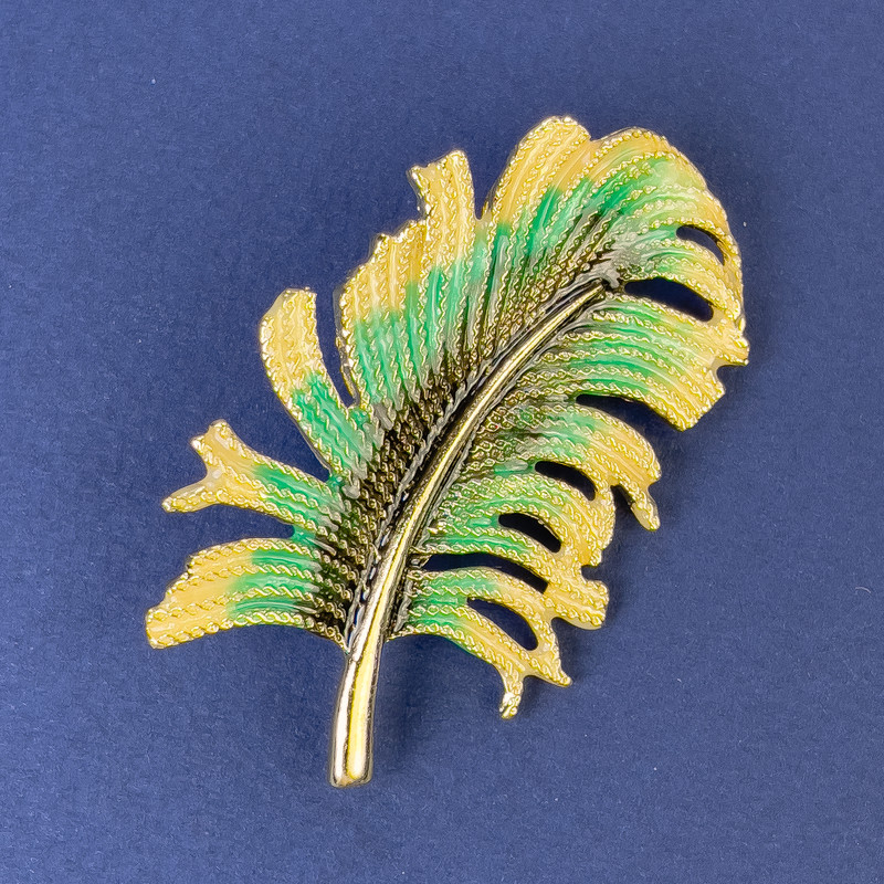 Brooch Pendant Feather, diameter 51x30mm± multicolor enamel on golden metal